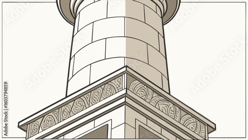 Close up view of a stone tower with decorative carvings and a cylindrical shape made of blocks