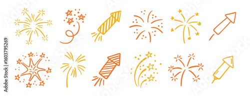 Hand drawn fireworks doodle set celebration line art design
