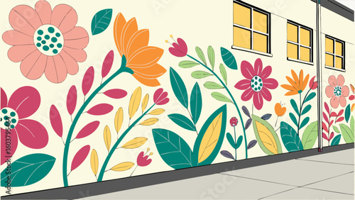 Building side view with floral mural featuring pink orange and red flowers with green leaves