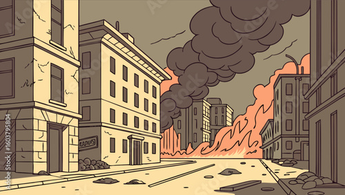 Cartoon illustration of a city street with buildings on fire and smoke billowing into the sky above