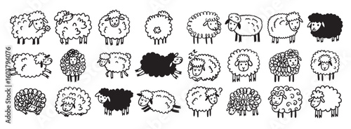 Doodle hand drawn funny cute sheep outline set. Drawing sheep