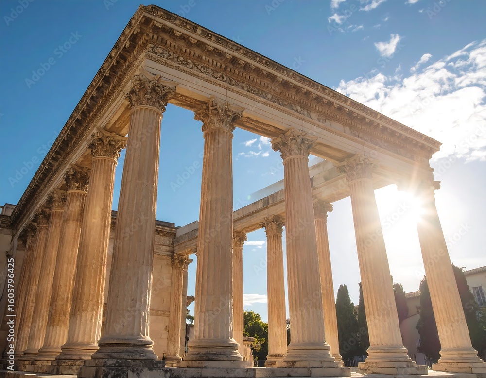 Fototapeta premium Ancient stone columns and temple ruins under a bright sky