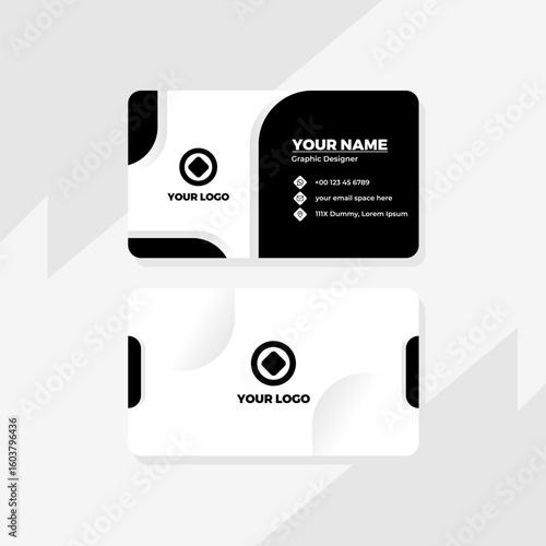 Modern and minimalist business card template design with a black and white color scheme. Professional corporate identity layout for branding.