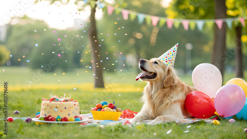 Golden retriever wearing party hat celebrates birthday with cake and balloons in the park