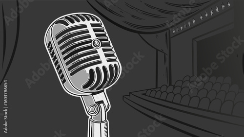 A vintage microphone stands center stage before a theater with draped curtains and empty seats