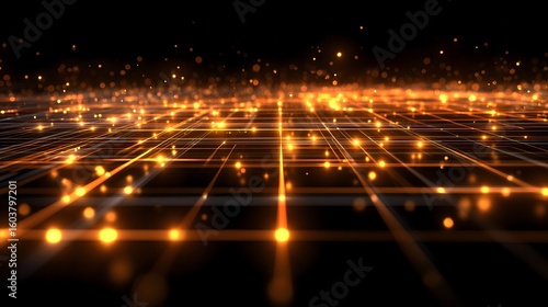 A futuristic 3D neural network grid with glowing amber nodes and vanishing point perspective against a dark background. Ideal for AI, technology, data visualization, and innovation.