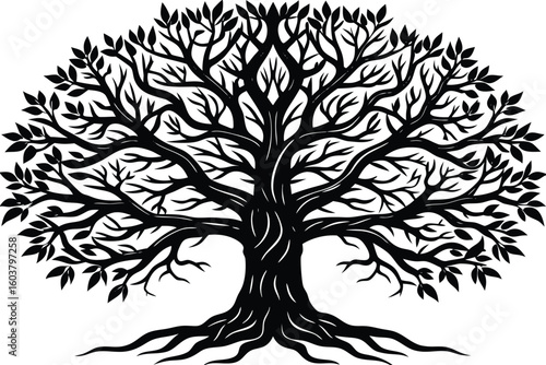 Incredibly detailed tree silhouette with white background.