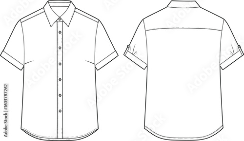 Short sleeve shirt vector flat sketch, front and back view, button up design, rolled sleeves, technical drawing, fashion template