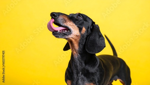 A dachshund with its tongue out, against a vibrant yellow background