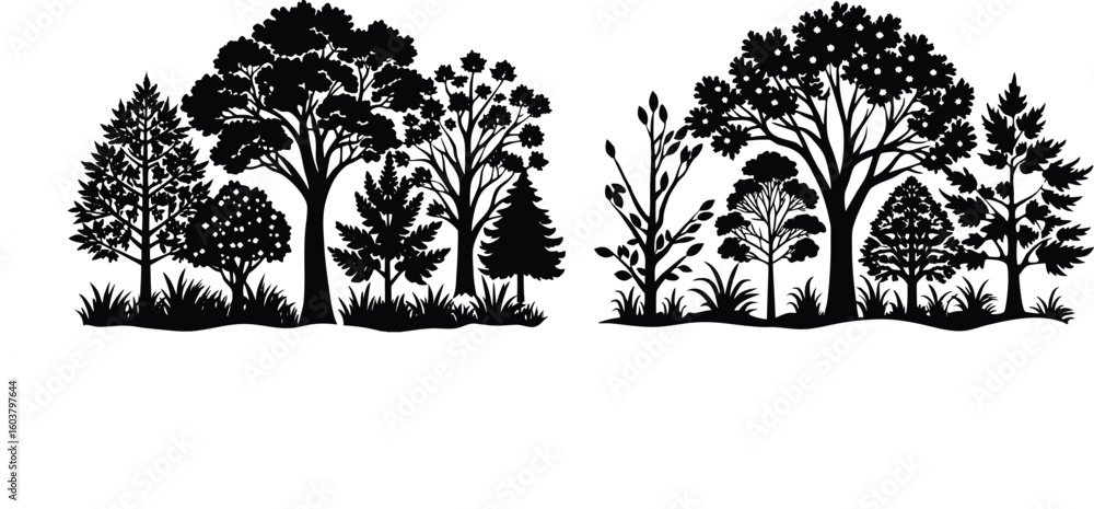 black and white illustration of a tree forest silhouette.
