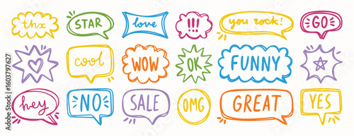 Bright hand drawn speech bubbles with short fun messages, decorative elements for design
