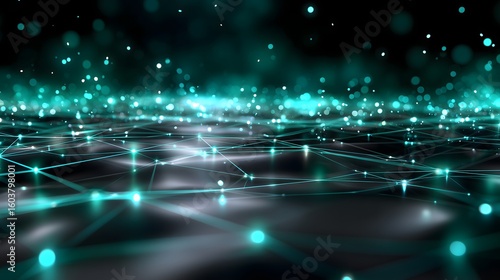 A detailed digital neural network grid with glowing emerald green and teal nodes connected by luminous lines. Floating light particles and cinematic god rays create depth on a dark background.