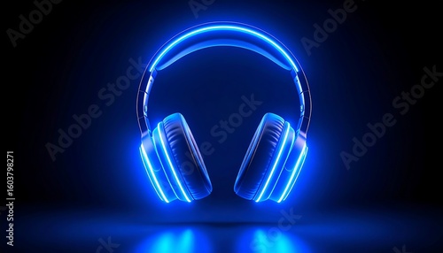 Neon Blue Headphones with Dark Background.