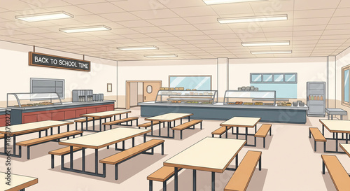 Empty School Cafeteria with Tables and a 