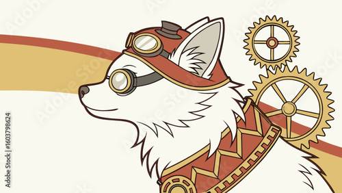 A cartoon dog with steampunk goggles and hat and collar with gears on a cream colored background