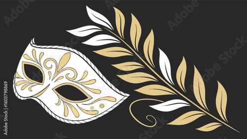 Elegant carnival mask with golden floral accents and a decorative leaf on a dark background