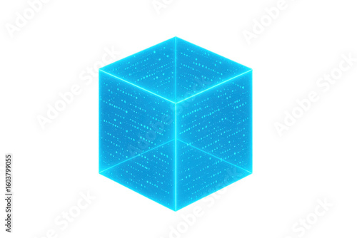 Rotating light blue cube with streaming data flow, representing technological innovation against transparent background