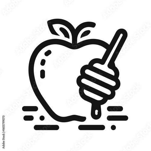 Apple with honey dipper illustration, minimalist design, black and white