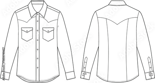 Western style shirt vector, front back view, flap pockets, pointed yoke detail, long sleeve, fashion technical sketch drawing