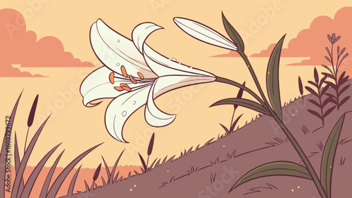 A serene illustration of a white lily with water droplets in a field at sunset with clouds
