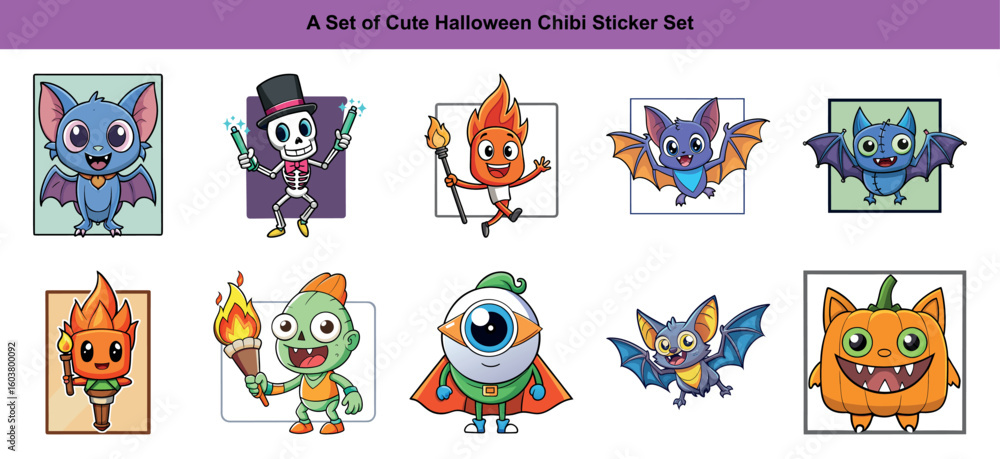 Fototapeta premium Assorted Halloween cartoon characters present various themes like bats, skeletons, pumpkins, and fire monsters
