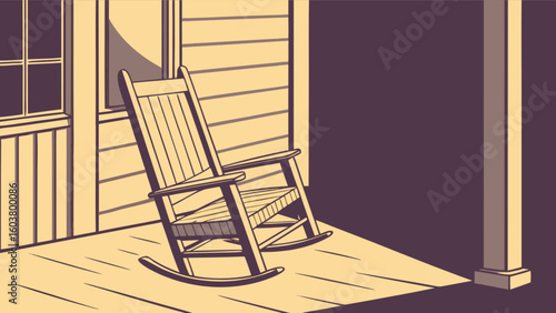 A rocking chair on a porch near a window and a column in a stylized cartoon illustration style
