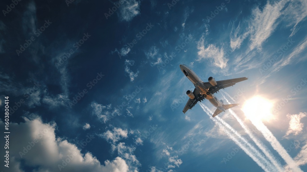 Naklejka premium Airplane Cruising at High Altitude under a Blue Sky with Clouds