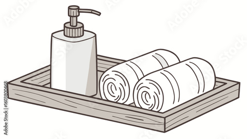 Illustration of a wooden tray holding a white soap dispenser and two rolled up white towels neatly arranged