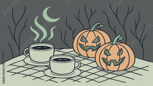 Illustration of two coffee cups with steam and two jack o lanterns on a checkered table cloth