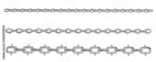 3D render showcasing multiple strands of stylized metal chains, each link featuring a distinctive spiked and ornate design with a gleaming metallic finish. Ideal for projects requiring themes of secur