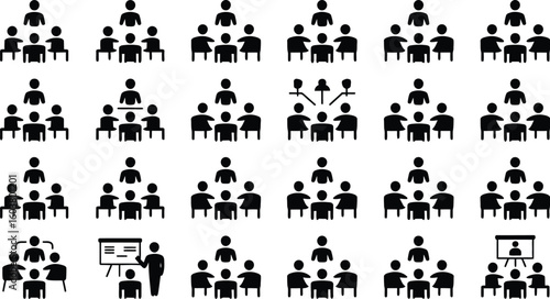 Various black and white illustrations of people in group settings icons