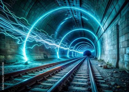 Futuristic neon tunnel with electric light arches over train tracks