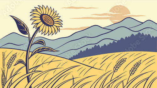 Illustration of a sunflower in a field with mountains and a sun in the background scenery view