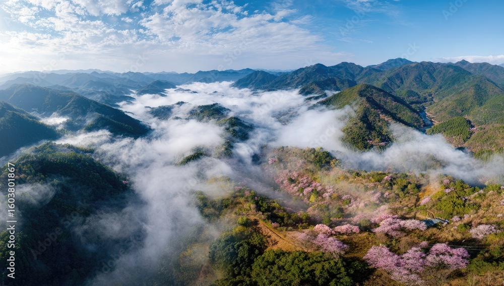 Obraz premium Panoramic view of misty mountains with blossoming trees