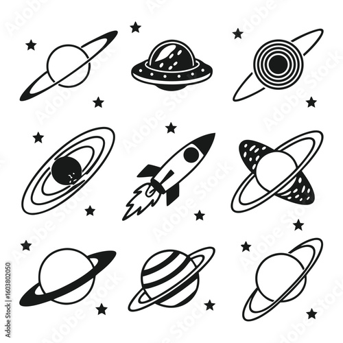 Cosmic celestial bodies and spacecraft planets stars