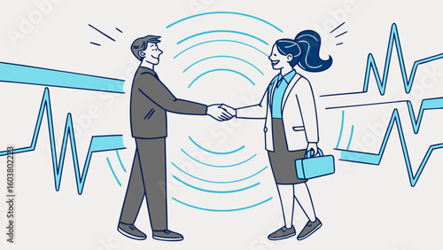 Illustration of a business deal with handshake between a man and a woman with data waves around them