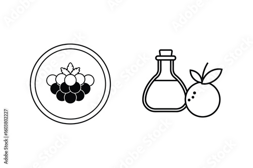 Grapes flask and orange fruit bunch