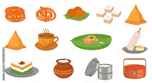 A vibrant collection of Indian sweets, snacks, and beverages, illustrating diverse culinary traditions.