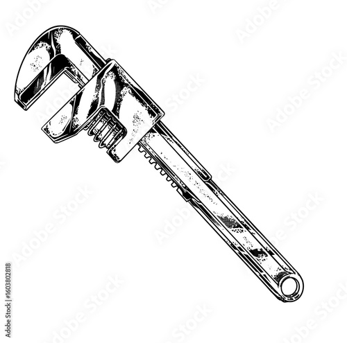 Black and white sketch of an adjustable pipe wrench tool, isolated on white background, perfect for repair, mechanic, and construction concepts.
