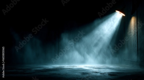 A single beam of light pierces through darkness, illuminating a smoky, textured concrete floor and wall in a dim, mysterious setting.