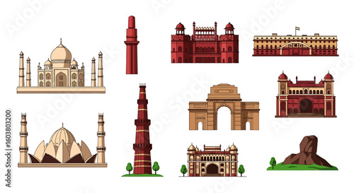 Iconic Indian landmarks illustrated: Taj Mahal, Red Fort, Qutub Minar, India Gate, and other architectural marvels.