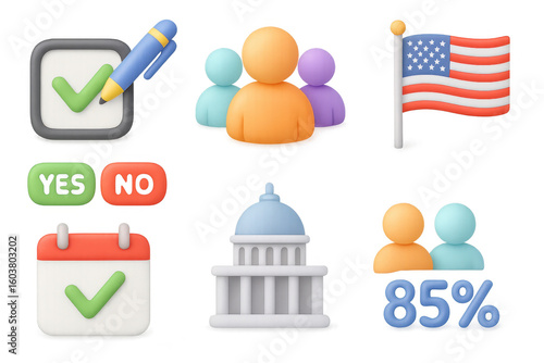 3d icons of voting and democracy elements including capitol building and community figures