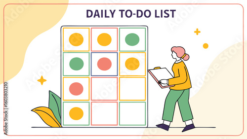 Organized woman completing daily to do list with colorful tasks and checkboxes for productivity and planning