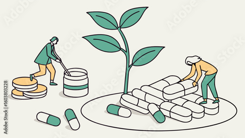 Illustration showing people working around a plant growing from pills, with coins and a jar nearby