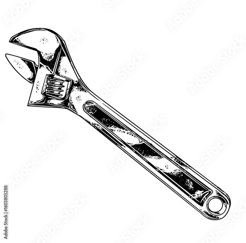Black and white sketch of an adjustable wrench, detailed line art style, isolated on white background, perfect for technical, engineering, or tool-related projects.
