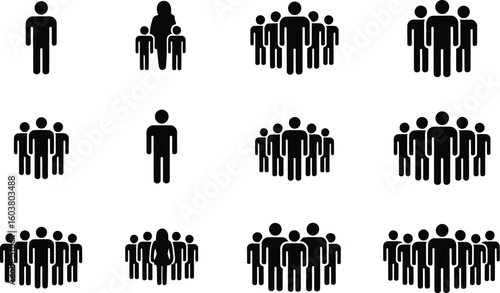 Isolated black stick figures representing individuals and groups of people
