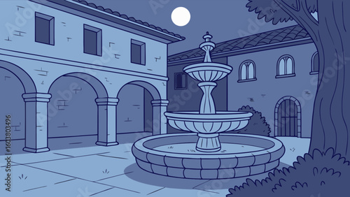 A cartoon illustration of a courtyard with a fountain and buildings under a full moon at night
