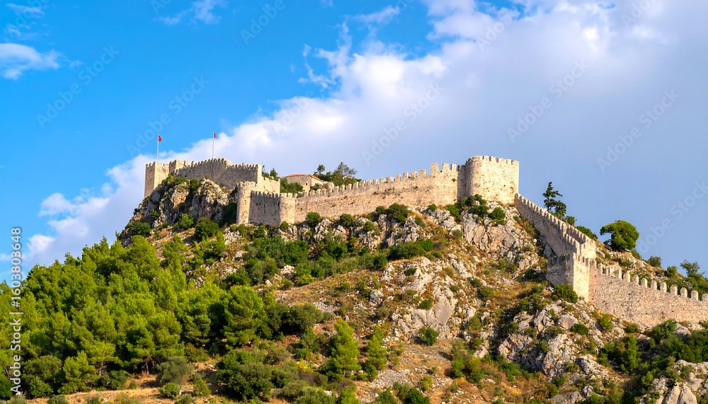 Obraz premium Ancient stone fortress on a hilltop under a partly cloudy sky
