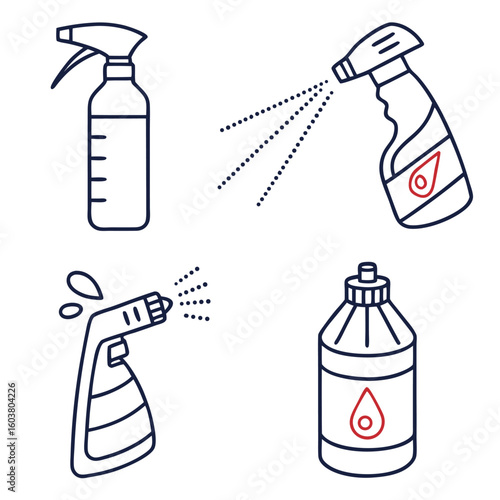 Spray bottles and liquid containers cleaning disinfectant