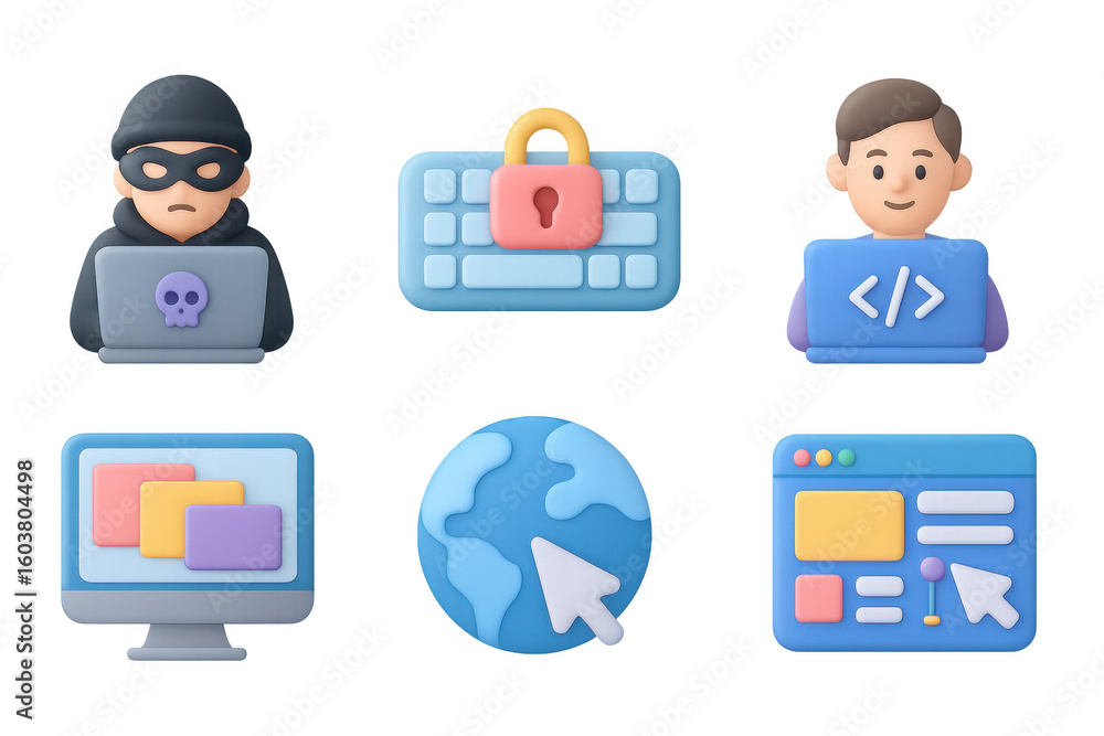 Fototapeta premium 3d cyber security icons: hacker, programmer, and online safety elements